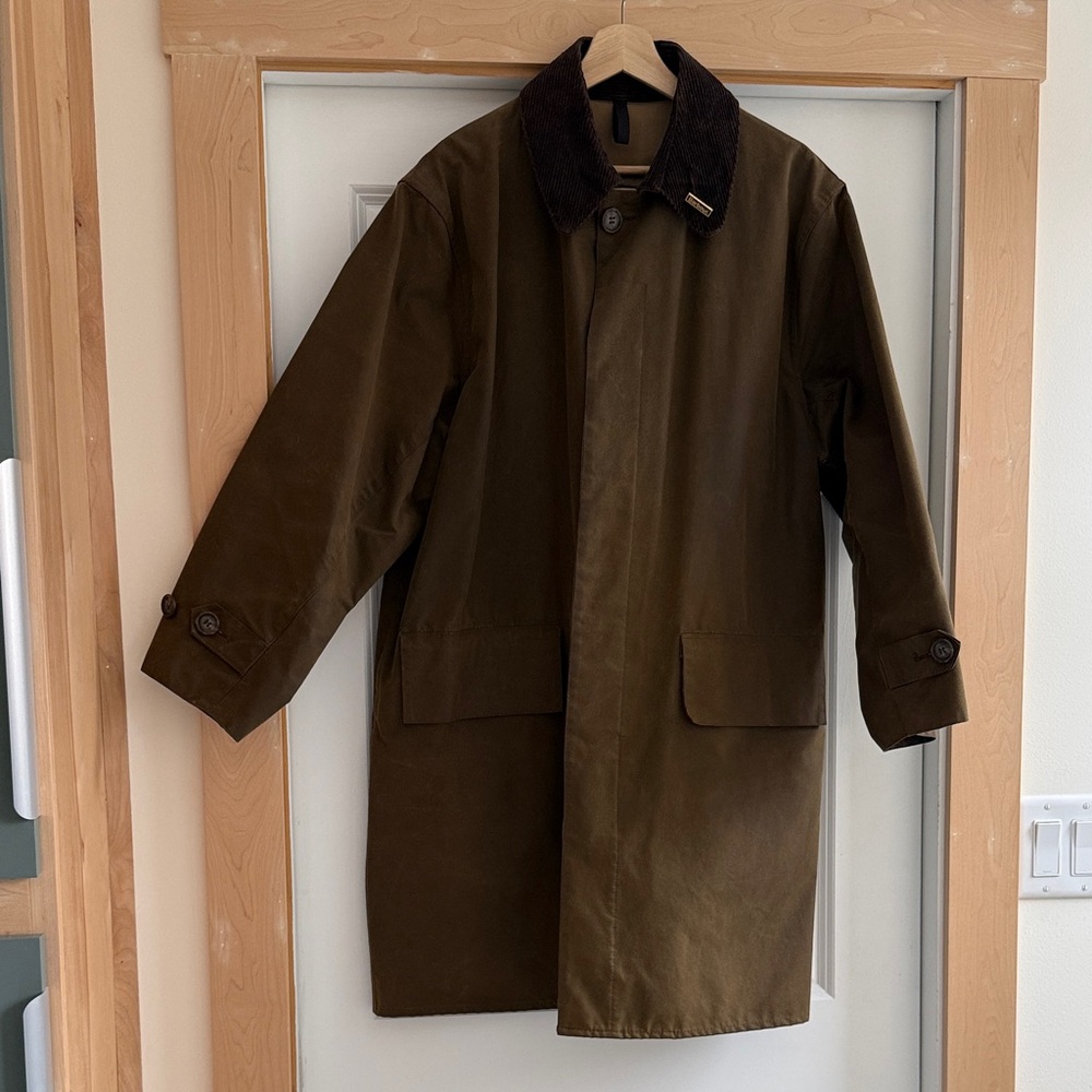 Barbour Olive Green Trench Coat with Dark Brown Corduroy Collar